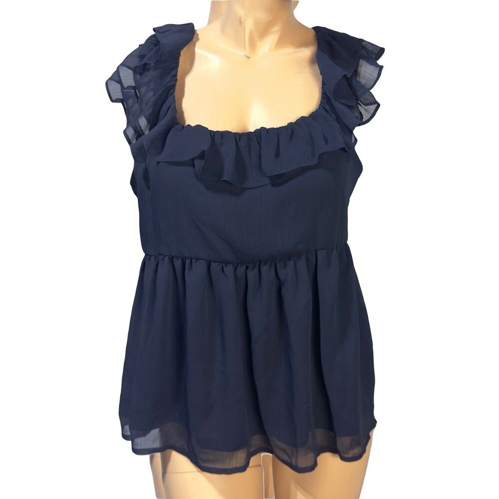 Banana Republic Factory Babydoll Ruffle Blouse Size L Layered Navy Blue NWT